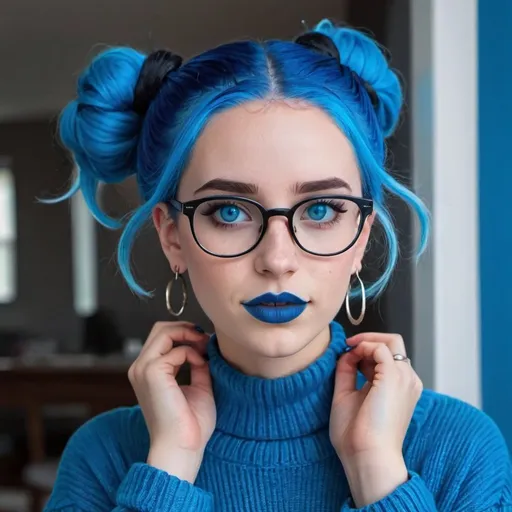 Prompt: a hot blue hair girl, with bun, blue eyes and glasses, blue lipstick, blue sweater, blue eyeshadow, blue makeup, blue halo earrings.  Her mother behind