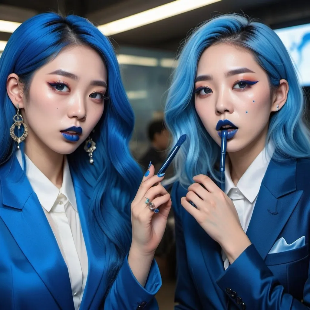 Prompt: a picture of 2 korean women with long blue hair, posing together large blue eyes wearing blue suits, blue eyeshadow, and blue lipstick coughing at the camera, blue makeup, jewerly on hands, Artgerm, fantasy art, realistic shaded perfect blue face, a detailed painting, modern newsroom background, 30 years old, blue lipstick 