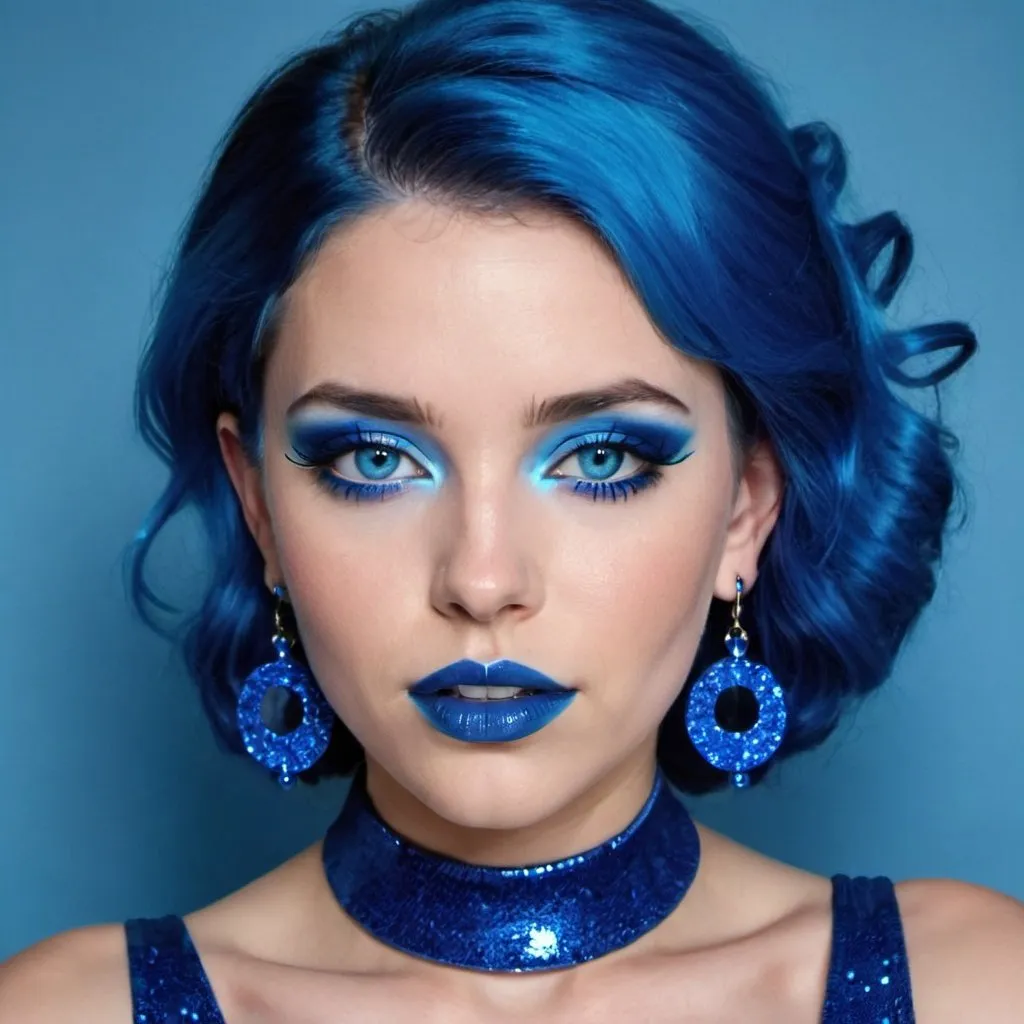 Prompt: Woman with blue earrings, blue eyes, blue hair,  blue lipstick, blue dress, blue makeup, blue eyeshadow. blue jewelry, blue lights, dark blue shoes



