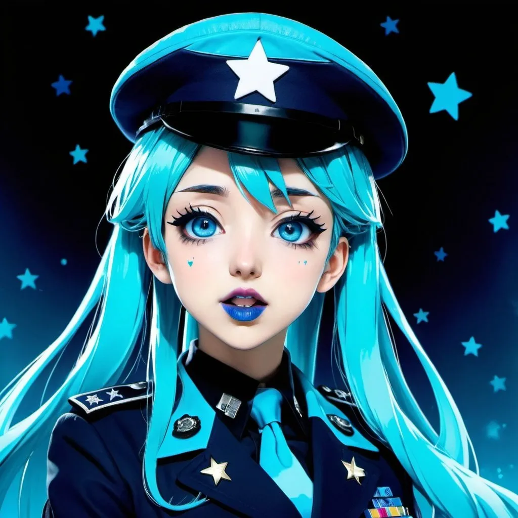 Prompt: 2010s, hatsune miku as a female officer wearing a blue beret, blue lipstick, blue makeup including blue eyeshadow and blue blush, blue hair, blue eyebrows, blue eyes, colourised, blue uniform beret, full body shot, photography, blue hearts and stars, coughing.