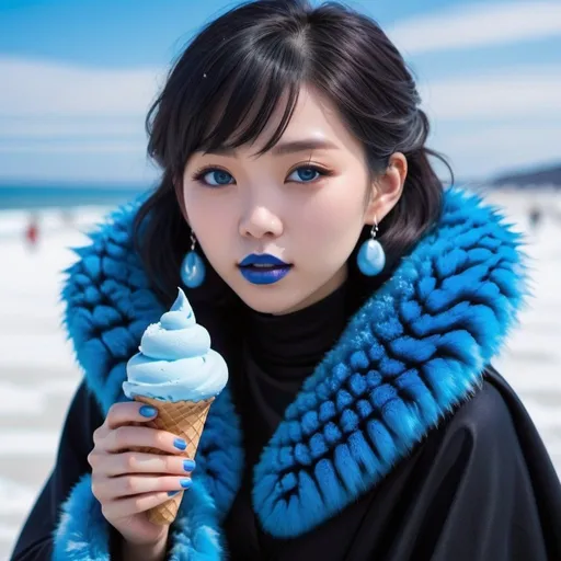 Prompt: Japanese woman eating candy ice cream, blue lipstick, snowy beach, blue heart necklaces, Thick blue fur coat, Black Cape, pleasant face, blue spiral eyes, blue eyeshadow, long ice earrings. Cold color scheme, ultradetailed, 8k resolution, perfect, smooth, high quality, shiny. 