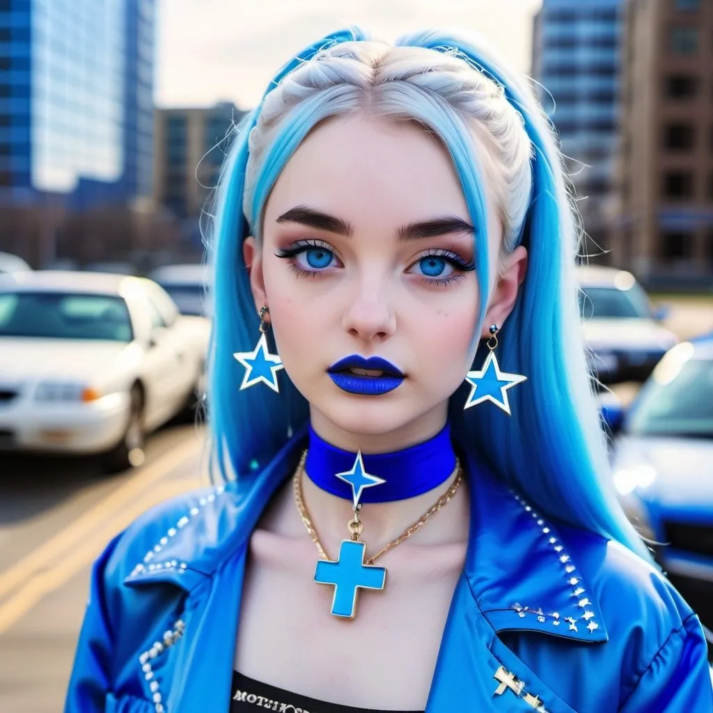 Prompt: Kim Petras, blue choker, blue eyes, blue hair, blurry, blurry background, building, car, choker, cross, blue cross earrings, depth of field, blue heart earrings, blue eyeshadow, ground vehicle, jacket, jewelry, k/da \(league of legends\), lips, blue lipstick, long blue hair, looking at viewer, makeup, motor vehicle, photo \(medium\), piercing, solo, star \(symbol\), blue star earrings, star print