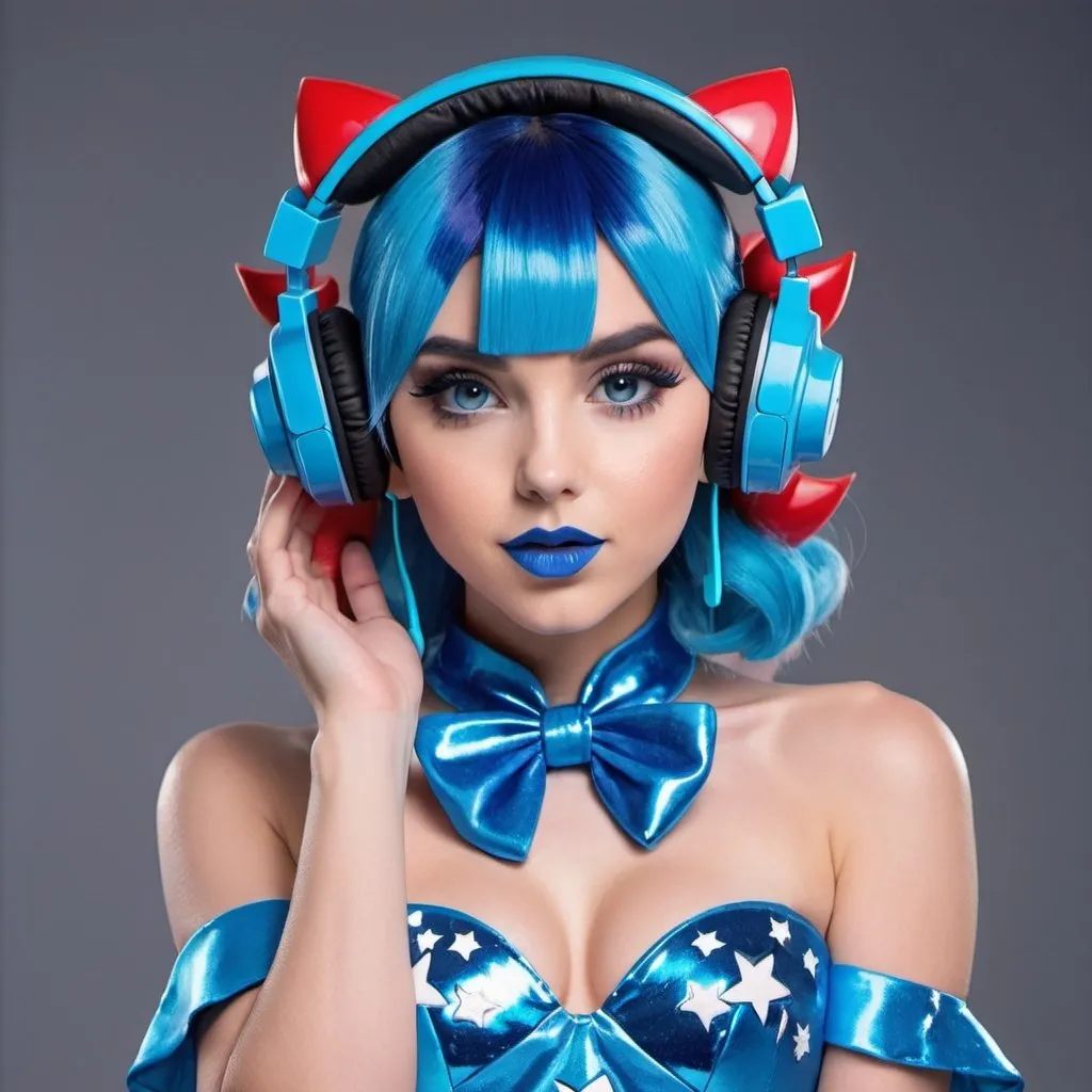 Prompt: 2020s, Dawn Pokemon as a female popstar wearing a blue headphones, aqua blue lipstick, glossy and sparkling lips, blue makeup including blue eyeshadow and blue blush, dark blue hair, blue eyebrows, blue eyes, colourised, blue plastic gown, full body shot, photography, blue hearts and stars, euphoric.