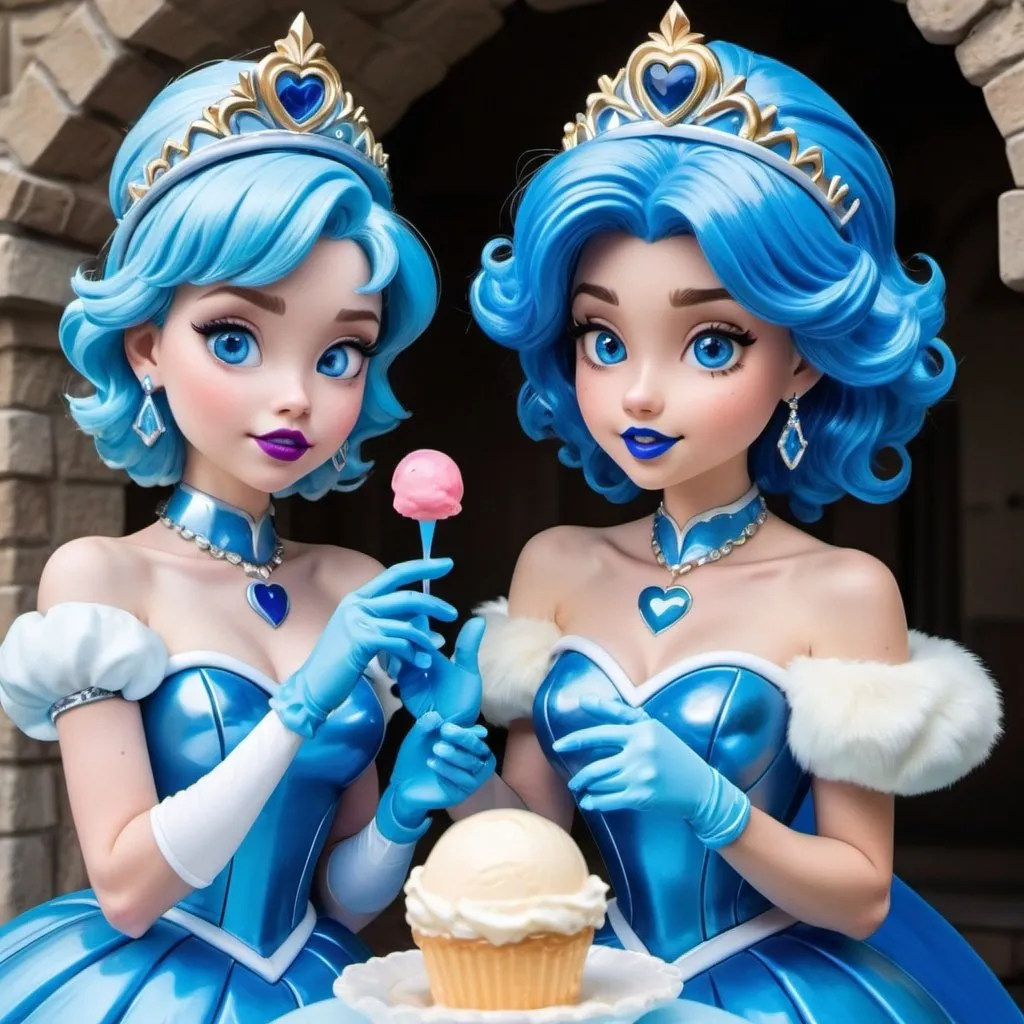 Prompt: Princesses daisy and peach with ultradetailed large shiny blue lips, Blinding blue Heart Earrings, Blue Xtra Large Metal Ball Gown, blue plastic Gloves with blue Fur, Glowing Blue eyes, Artisans Cut, Gleaming blueberry Ice Cream, blue Tiara. Pristine blue hair, confident facial expression, Full eyebrows with blue tint, blue Candy necklace, Wintry Aura, blue Armor Plated Shoulders, Cake Covered blue wand, blue Sharp Nails, coastal castle, Blue Moon. High resolution, Realistic, Cold color scheme, high radiance.