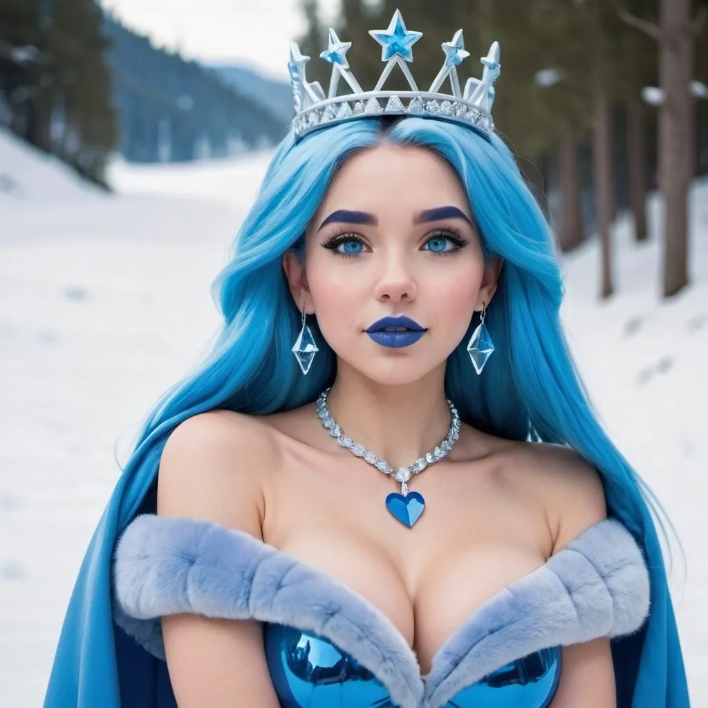 Prompt: kim possible, Heavy snow, Clouds in Sky, Long Straight Blue hair, Ice crystal tiara, Thick bushy blue eyebrows, medium sized nose, plump diamond shape face,  Blue lipstick, ethereal blue eyes, blue makeup, Triangle Star earrings, soft ears, Large blue plastic chain around neck, Blue heart necklaces, blue candy shaped rings, Large blue fur coat with blue plastic gloves. Long Blue Skirt. Plump chest, bigbreast