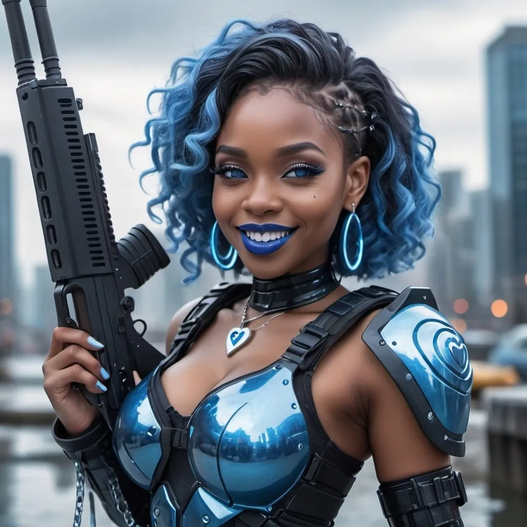 Prompt:  black woman holding a m-4 rifle, blue lipstick, flooded city, blue heart necklaces, blue kevlar armor, smile face, blue spiral eyes, blue eyeshadow, long ice earrings. Cold color scheme, ultradetailed, 8k resolution, perfect, smooth, high quality, shiny. 