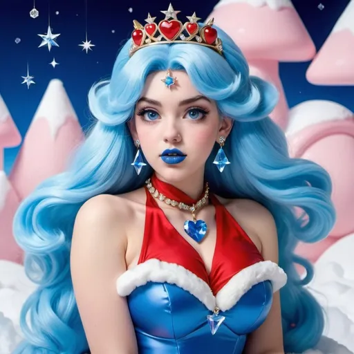 Prompt: Princess Peach, Heavy snow, Clouds in Sky, Long Straight Blue hair, Ice crystal tiara, Thick bushy blue eyebrows, medium sized nose, plump diamond shape face,  Blue lipstick, ethereal blue eyes, blue makeup, Triangle Star earrings, soft ears, Large blue plastic chain around neck, Blue heart necklaces, blue candy shaped rings, Large blue fur coat with blue plastic gloves. Long Blue Skirt. Plump chest, bigbreast