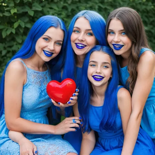 Prompt: A mother with her teenage daughters, blue Heart dresses, blue nails, blue lipstick, blue eyes, blue long hair, smile without teeth, in her backyard.