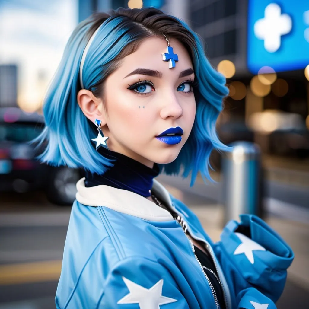 Prompt: Pokimane, blue choker, blue eyes, blue hair, blurry, blurry background, building, car, choker, cross, blue cross earrings, depth of field, blue heart earrings, blue eyeshadow, ground vehicle, jacket, jewelry, k/da \(league of legends\), lips, blue lipstick, long blue hair, looking at viewer, makeup, motor vehicle, photo \(medium\), piercing, solo, star \(symbol\), blue star earrings, star print