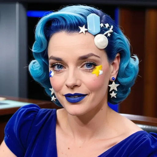 Prompt: 1950s, 35 year old white woman, news caster, in news room, blue lipstick, blue hair, Puffy face, slight smile, long ice nails, blue earrings, dark blue gown, blue Star Patch,  