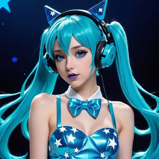 Prompt: 2020s, hatsune miku as a female popstar wearing a blue headphones, aqua blue lipstick, glossy and sparkling lips, blue makeup including blue eyeshadow and blue blush, dark blue hair, blue eyebrows, blue eyes, colourised, blue plastic gown, full body shot, anime, blue hearts and stars, euphoric.