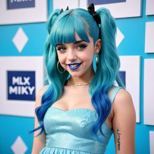 Prompt: Melanie Martinez with blue mullet, blue eyes, flowing blue hair, smiling lips with blue lipstick, blue dress, blue makeup, blue eyeshadow. Walking the blue carpet with hatsune miku next to her.



