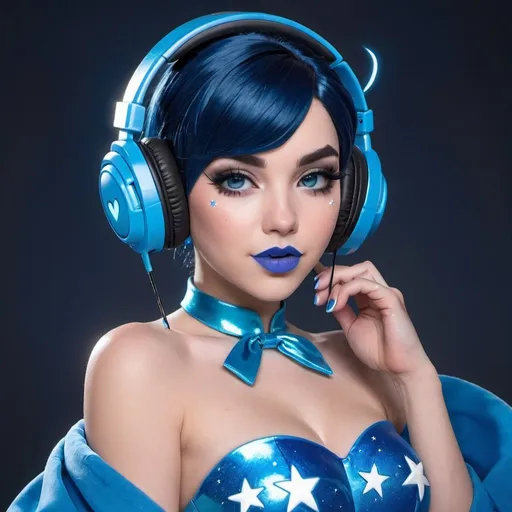 Prompt: 2020s, Mei Overwatch as a female popstar wearing a blue headphones, aqua blue lipstick, glossy and sparkling lips, blue makeup including blue eyeshadow and blue blush, dark blue hair, blue eyebrows, blue eyes, colourised, blue plastic gown, full body shot, photography, blue hearts and stars, euphoric.