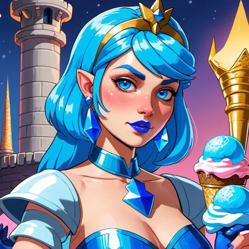 Prompt: GTA v cover art, Princess zelda with ultradetailed large shiny blue lips, Blinding blue Heart Earrings, Blue Xtra Large Metal Ball Gown, blue plastic Gloves with blue Fur, Glowing Blue eyes, Artisans Cut, Gleaming blueberry Ice Cream, blue Tiara. Pristine blue hair, confident facial expression, Full eyebrows with blue tint, blue Candy necklace, Wintry Aura, blue Armor Plated Shoulders, Cake Covered blue wand, blue Sharp Nails, coastal castle, Blue Moon. High resolution, Cold color scheme, high radiance.