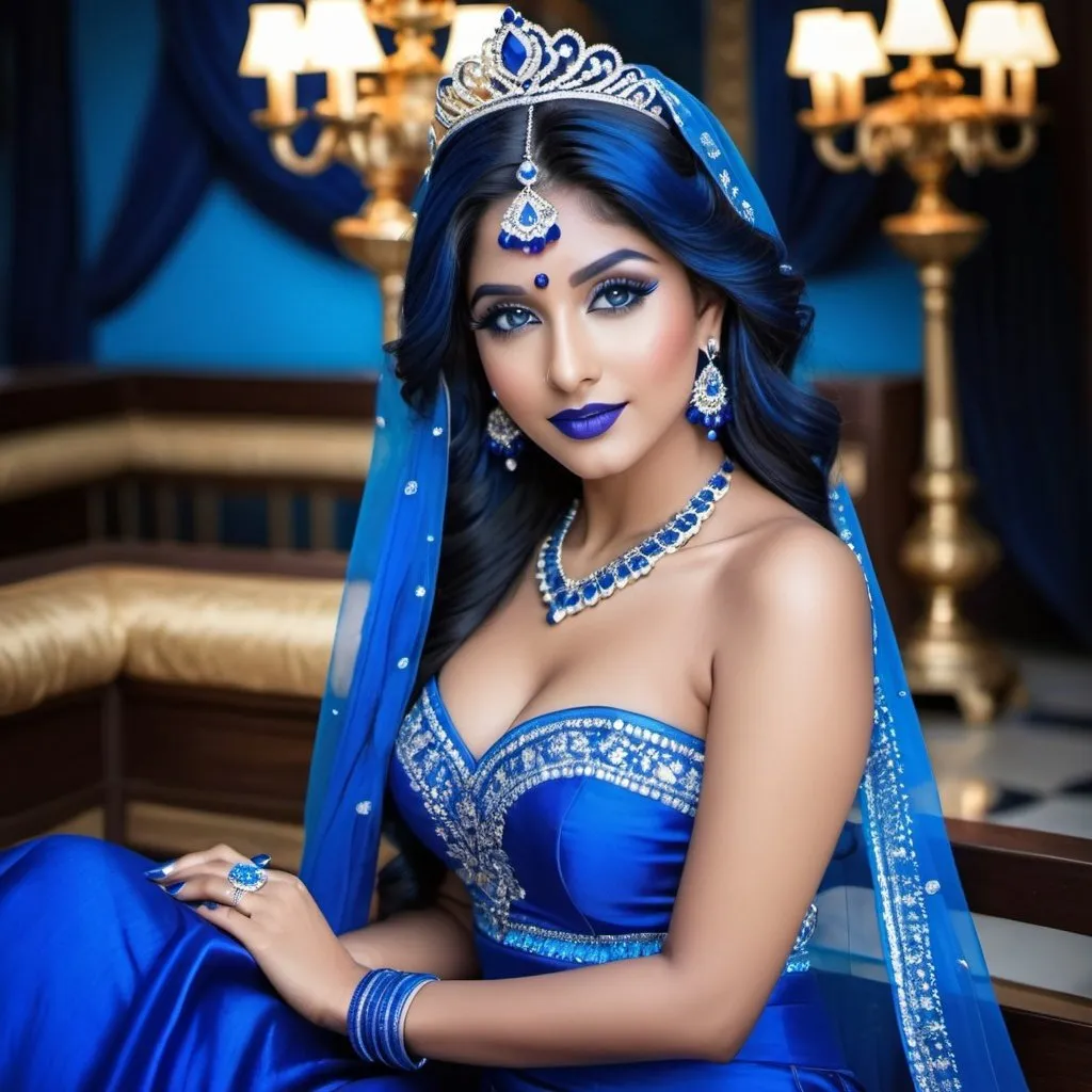 Prompt:  2 Indian women, blue makeup, blue lipstick, blue eyes, blue hair, blue eyebrows, blue blush, blue silk pattern dress, blue tiaras, blue earrings, long dark blue skirt, blue finger nails. Photograph, realistic, any facial expression, full body