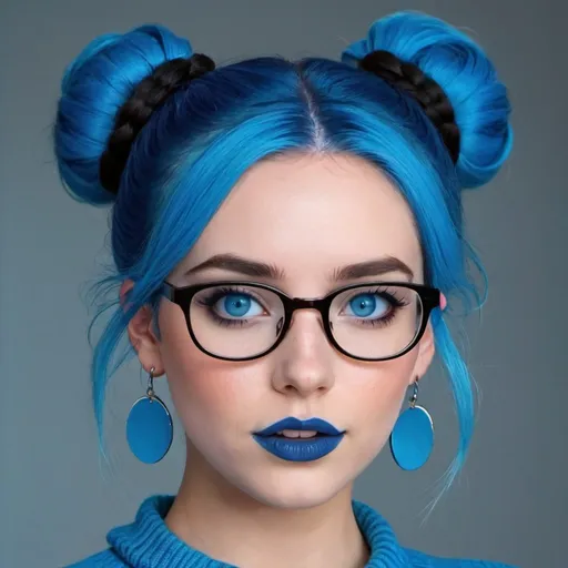 Prompt: a hot blue hair girl, with bun, blue eyes and glasses, blue lipstick, blue sweater, blue eyeshadow, blue makeup, blue halo earrings. 