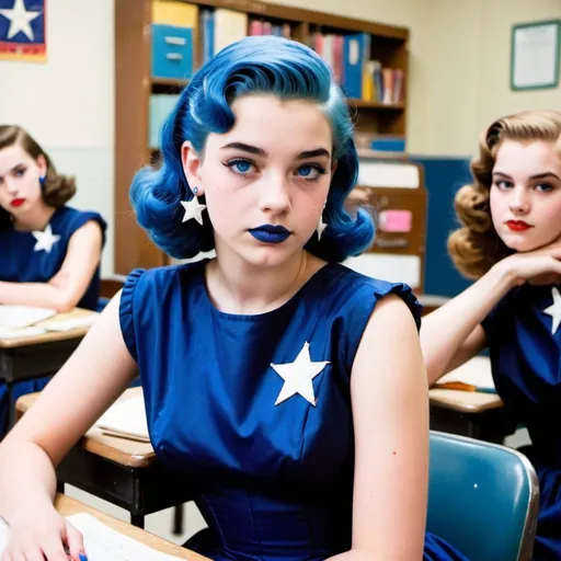 Prompt: 1950s, 15 year old white girls, students, in classroom, blue lipstick, blue makeup, blue hair, Puffy face, slight smile, long blue nails, blue earrings, dark blue gown, blue Star Patch,  