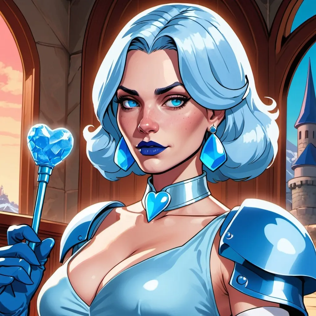 Prompt: GTA v cover art, emma frost with ultradetailed large shiny blue lips, Blinding blue Heart Earrings, Blue Xtra Large Metal Ball Gown, blue plastic Gloves with blue Fur, Glowing Blue eyes, Artisans Cut, Gleaming blueberry Ice Cream, blue Tiara. Pristine blue hair, confident facial expression, Full eyebrows with blue tint, blue Candy necklace, Wintry Aura, blue Armor Plated Shoulders, Cake Covered blue wand, blue Sharp Nails, coastal castle, Blue Moon. High resolution, Cold color scheme, high radiance.