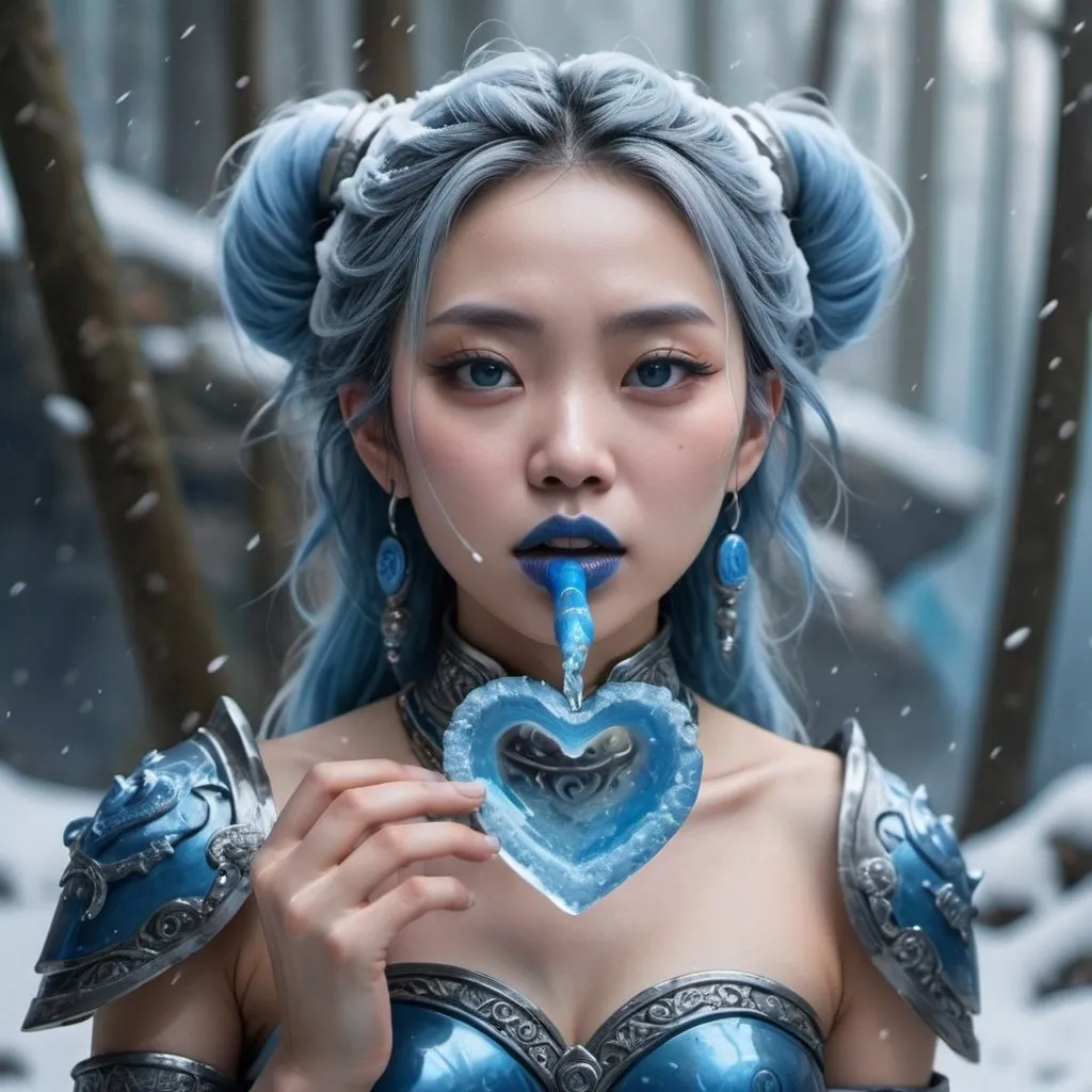 Prompt: Chinese woman holding a pot, blue lipstick, flooded snowy jungle, blue heart necklaces, blue kevlar armor, coughing face, blue spiral eyes, blue eyeshadow, long ice earrings. Cold color scheme, ultradetailed, 8k resolution, perfect, smooth, high quality, shiny. 