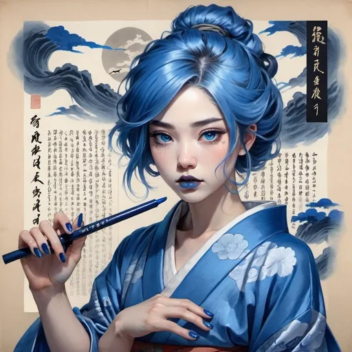 Prompt: A woman, blue hair, blue lipstick, blue kimono, blue eyes, blue eyeshadow, blue face faint, sketch, Japanese legend, on scroll, blue nails, dark storm behind on scroll paper.