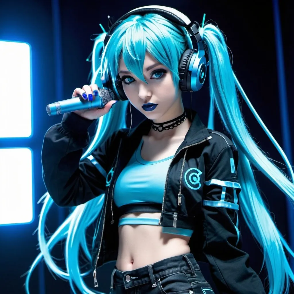 Prompt: Cyber goth hatsune miku, electronic dance, full body view, blue lipstick, blue eyes, blue eyeshadow, blue crop top, blue jacket, blue nails, blue hair, blue headphones, blue microphone, blue speakers, blue lights shining, media studio with cameras pointed at her, full lips, Checkmark on her crop top