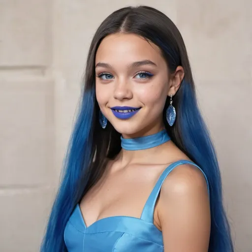 Prompt: Olivia Rodrigo with blue mullet, blue eyes, flowing blue hair, smiling lips with blue lipstick, blue dress, blue makeup, blue eyeshadow.



