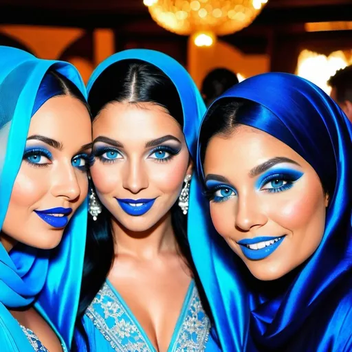 Prompt:  3 ladies with blue  eyes, flowing blue hair, smiling lips with blue lipstick, blue jacket, blue makeup, blue eyeshadow. At wedding, big chest, burka.