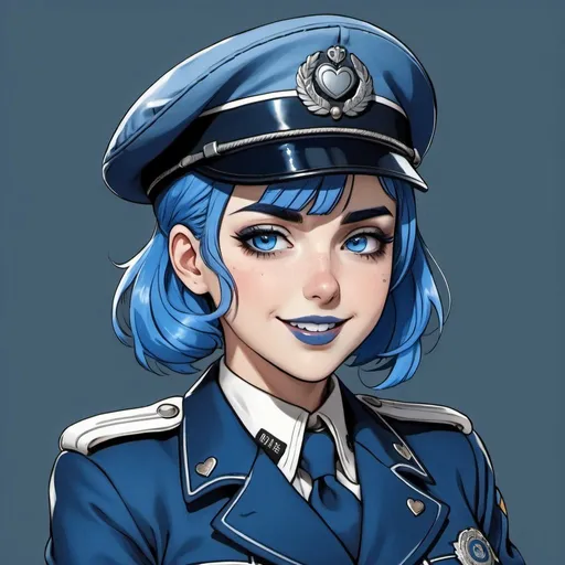 Prompt: Anime Dieselpunk female officer wearing a blue beret, blue lipstick, blue makeup including blue eyeshadow and blue blush, blue hair, blue eyebrows, blue eyes, colourised, blue uniform beret, full body shot, anime lineart style, blue hearts and starssoft smile.