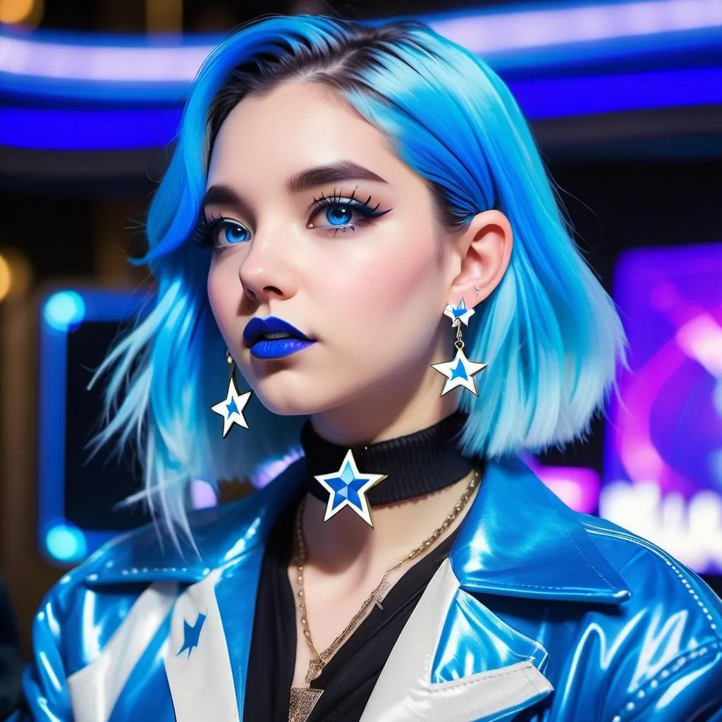 Prompt: 2020s, women, blue choker, blue eyes, blue hair, blurry, blurry background, disco, party, choker, cross, blue cross earrings, depth of concert hall, blue heart earrings, blue eyeshadow, blue lights, jacket, jewelry, k/da \(league of legends\), lips, blue lipstick, long blue hair, looking at viewer, makeup, tv screens, photo \(medium\), piercing, solo, star \(symbol\), blue star earrings, star print