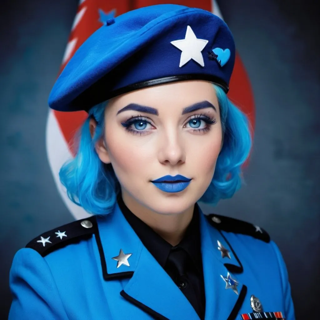 Prompt: 2010s, kim petra as a female officer wearing a blue beret, blue lipstick, blue makeup including blue eyeshadow and blue blush, blue hair, blue eyebrows, blue eyes, colourised, blue uniform beret, full body shot, photography, blue hearts and stars soft smile.