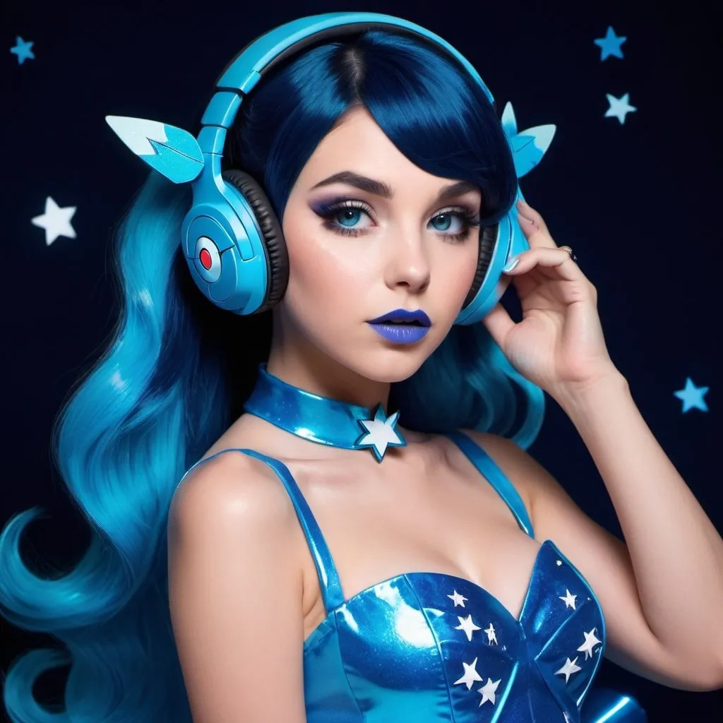 Prompt: 2020s, Dawn Pokemon as a female popstar wearing a blue headphones, aqua blue lipstick, glossy and sparkling lips, blue makeup including blue eyeshadow and blue blush, dark blue hair, blue eyebrows, blue eyes, colourised, blue plastic gown, full body shot, photography, blue hearts and stars, euphoric.