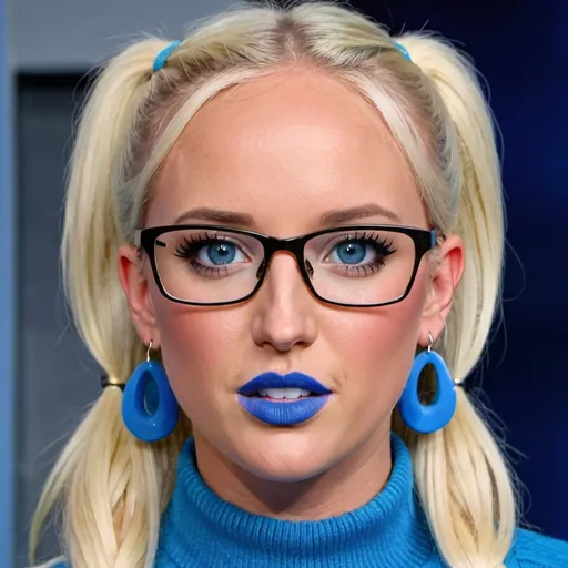 Prompt: 
Tomi Lahren, blue hair, with pony tails, blue eyes and glasses, blue lipstick, blue sweater, blue eyeshadow, blue makeup, blue halo earrings.  
