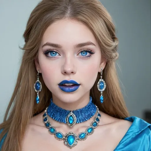 Prompt: 1girl, blue eyes, blue lips, blue skin,  colored skin, eyeshadow, jewelry, lips, lipstick, long hair, makeup, necklace, nose, solo, teeth