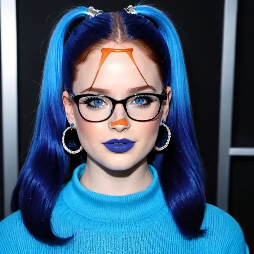 Prompt: Madelaine Petsch, blue hair, with pony tails, blue eyes and glasses, blue lipstick, blue sweater, blue eyeshadow, blue makeup, blue halo earrings.  