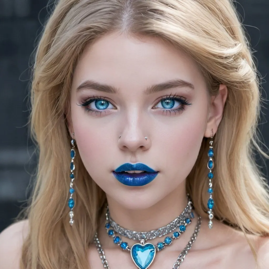 Prompt: 1girl, blue eyes, blue lips, blue skin,  colored skin, eyeshadow, jewelry, lips, lipstick, long hair, makeup, necklace, nose, solo, teeth