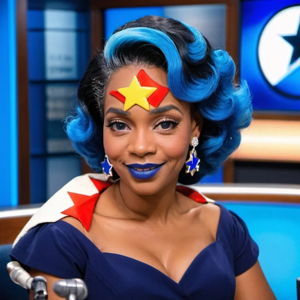 Prompt: 1950s, 35 year old black woman, news caster, in news room, blue lipstick, blue hair, Puffy face, slight smile, long ice nails, blue earrings, dark blue gown, blue Star Patch,  