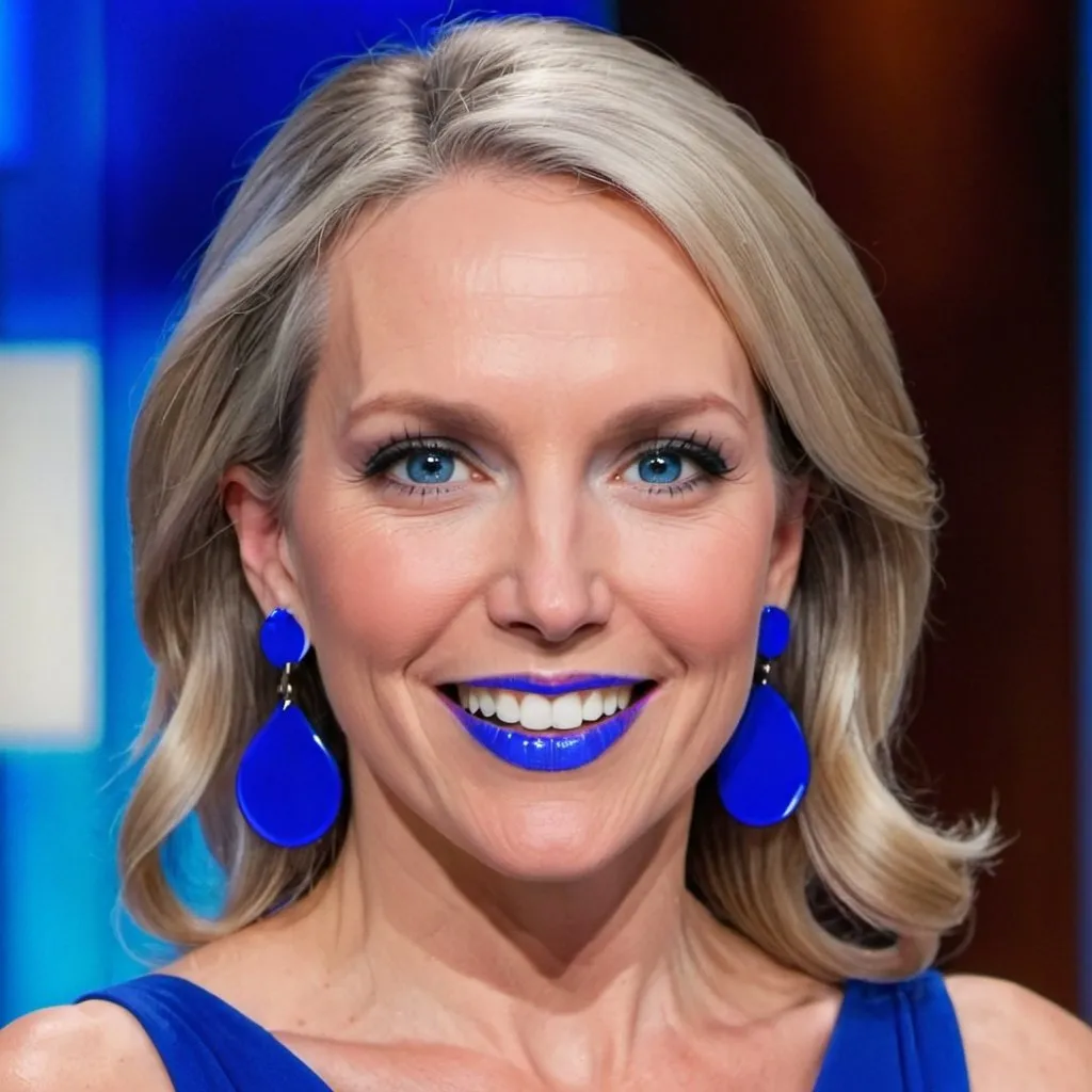 Prompt: Dana Perino with blue earrings, blue eyes, flowing blue hair,  blue lipstick, blue dress, blue makeup, blue eyeshadow. smile



