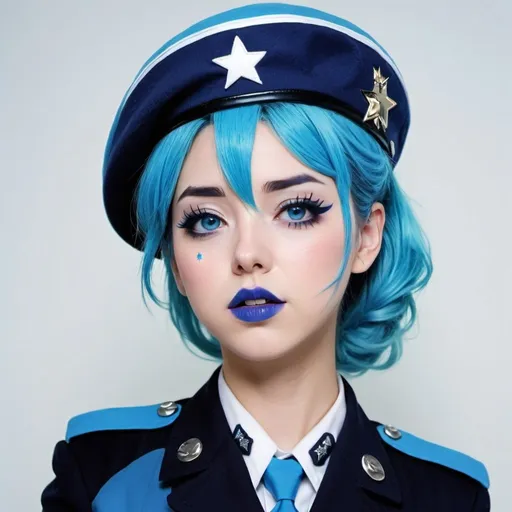 Prompt: 2010s, hatsune mike as a female officer wearing a blue beret, blue lipstick, blue makeup including blue eyeshadow and blue blush, blue hair, blue eyebrows, blue eyes, colourised, blue uniform beret, full body shot, photography, blue hearts and stars, coughing.