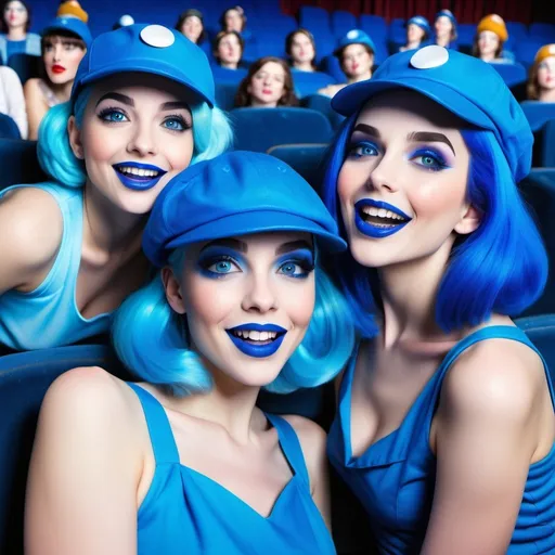 Prompt: Women in a theater, blue spiral movie screen, blue hair, blue lipstick, blue eyes, blue makeup, blue clothes, blue hats. Happy faces