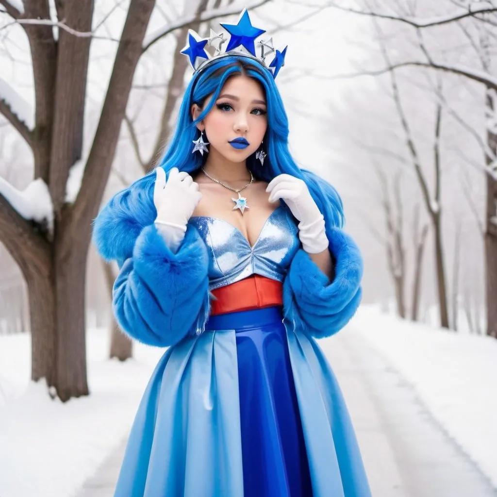 Prompt: Pokimane, Heavy snow, Giant Blue Orb in Sky, Long Straight Blue hair, Ice crystal tiara, Thick bushy blue eyebrows, medium sized nose, plump diamond shape face,  Blue lipstick, ethereal blue eyes, Triangle Star earrings, soft ears, Large blue plastic chain around neck, Blue heart necklaces, blue candy shaped rings, Large blue fur coat with plastic gloves. Long Blue Skirt with moons.