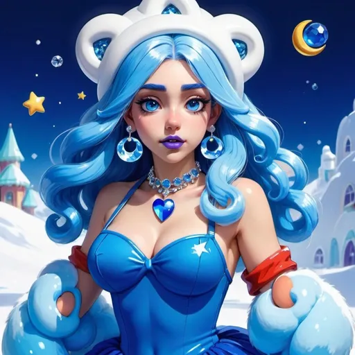 Prompt: Marina splatoon, Heavy snow, Giant Blue Orb in Sky, Long Straight Blue hair, Ice crystal tiara, Thick bushy blue eyebrows, medium sized nose, plump diamond shape face,  Blue lipstick, ethereal blue eyes, Triangle Star earrings, soft ears, Large blue plastic chain around neck, Blue heart necklaces, blue candy shaped rings, Large blue fur coat with blue plastic gloves. Long Blue Skirt with moons.