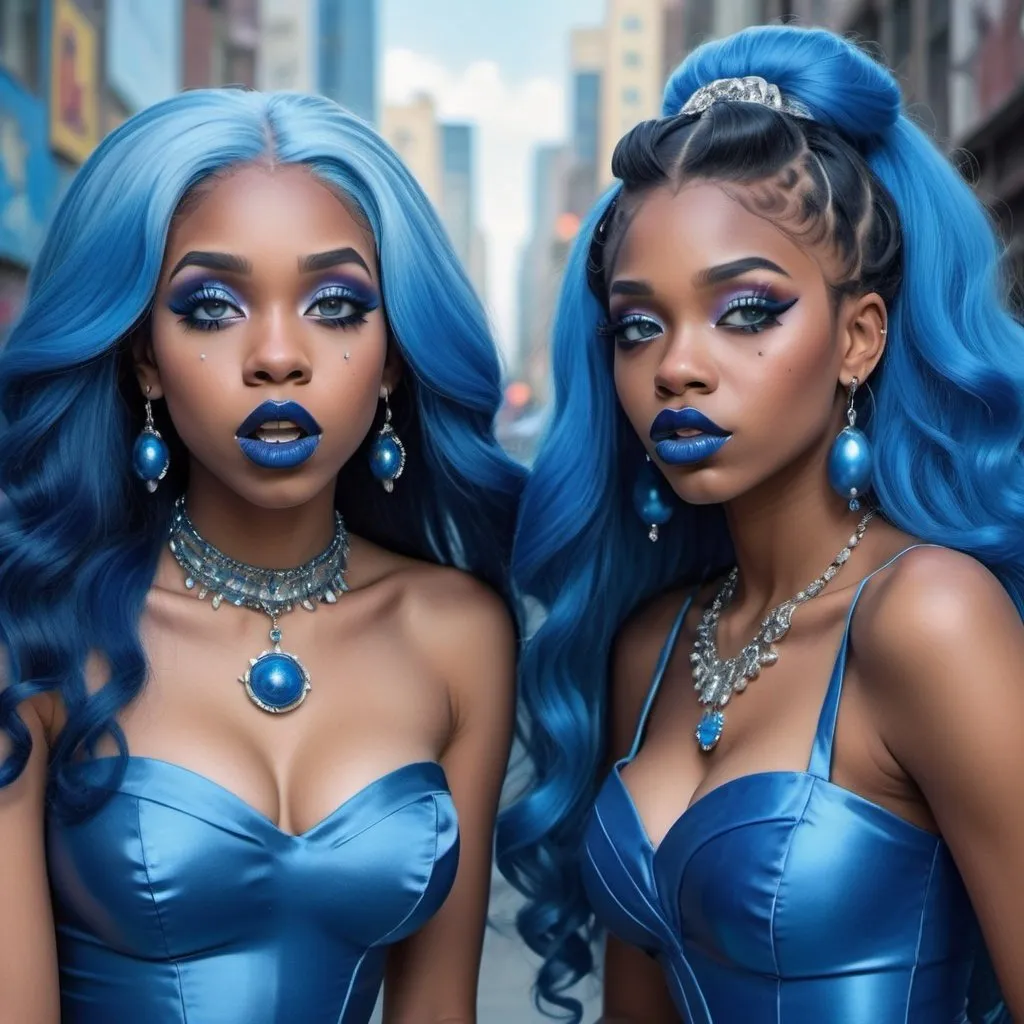 Prompt: a picture of 2 black women with long blue hair, posing together large blue eyes wearing blue ball gowns, blue eyeshadow, and blue lipstick coughing at the camera, blue makeup, jewerly on hands, Artgerm, fantasy art, realistic shaded perfect blue face, a detailed painting, propaganda city background, 18 years old, blue lipstick 