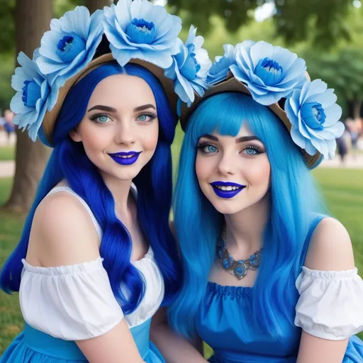 Prompt: 2  10 year old girls at a park, blue hair, blue lipstick, blue eyes, blue makeup, blue clothes, blue flower hats. Happy face.