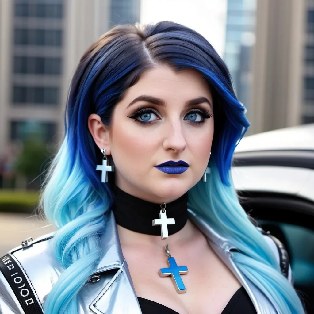 Prompt: Meghan Trainor, black choker, blue eyes, blue hair, blurry, blurry background, building, car, choker, cross, cross earrings, depth of field, earrings, eyeshadow, ground vehicle, jacket, jewelry, k/da \(league of legends\), lips, blue lipstick, long hair, looking at viewer, makeup, motor vehicle, photo \(medium\), piercing, solo, star \(symbol\), star earrings, star print