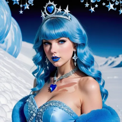 Prompt: Taylor swift, Heavy snow, Giant Blue Orb in Sky, Long Straight Blue hair, Ice crystal tiara, Thick bushy blue eyebrows, medium sized nose, plump diamond shape face,  Blue lipstick, ethereal blue eyes, blue Triangle Star earrings, soft ears, Large blue plastic chain around neck, Blue heart necklaces, blue candy shaped rings, Large blue fur coat with blue plastic gloves. Long Blue Skirt with moons.