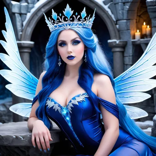 Prompt: Beautiful buxom Fairie princess with sky blue gossamer wings, age 18, intricate facial details, long blue hair, blue-eyed, heavy blue makeup, blue lipstick, prominent cheekbones, navy blue silk bodysuit, buxom figure:2.0, sitting in a ice castle, 8K photo, realistic full body shot, detailed features, professional, cold lighting