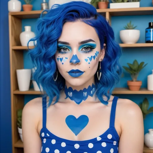 Prompt: Portrait-style image featuring a person with vibrant blue hair styled in loose waves. The individual has light skin and is wearing bold blue makeup, including blue lipstick, blue eyeshadow, and blue face paint in the shape of hearts and dots on their cheeks. They are dressed in a white and blue top with a large blue heart design on the chest. The background includes a wooden shelf and green plants, adding a natural element to the setting. The overall aesthetic is colorful and artistic, with a strong emphasis on the blue color theme.