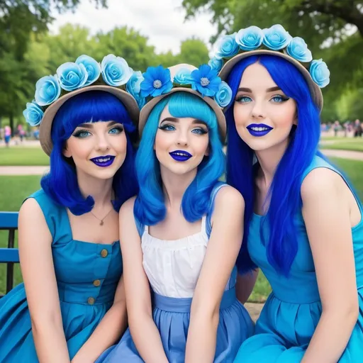 Prompt: 2  10 year old girls at a park, blue hair, blue lipstick, blue eyes, blue makeup, blue clothes, blue flower hats. Happy face.