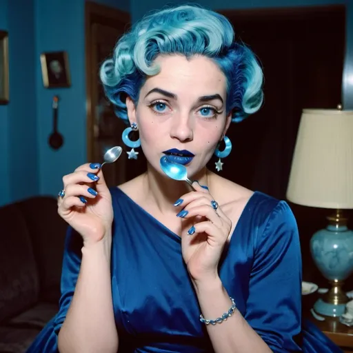 Prompt: 1950s, 30 year old woman, mother, in living room, blue lipstick, blue hair, Puffy face, long ice nails, Spiral earrings, dark blue gown, blue Star Patch, glowing spoon.  