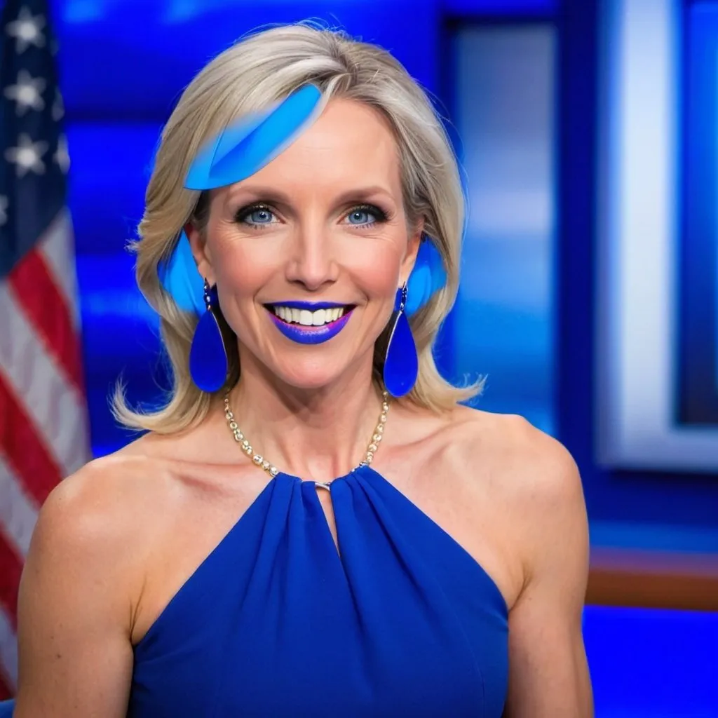 Prompt: Dana Perino with blue earrings, blue eyes, flowing blue hair, smiling lips with blue lipstick, blue dress, blue makeup, blue eyeshadow. Blue flags behind



